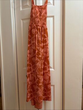 Tropical Print Midi Dress in Coral and Rust